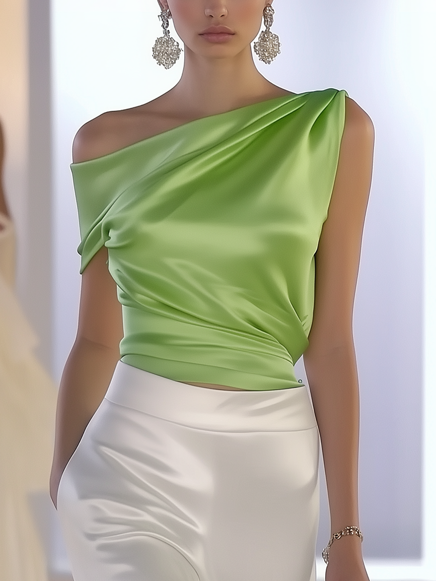 24-Hour-Shipping One Shoulder Sleeveless Light Green Satin Shirt