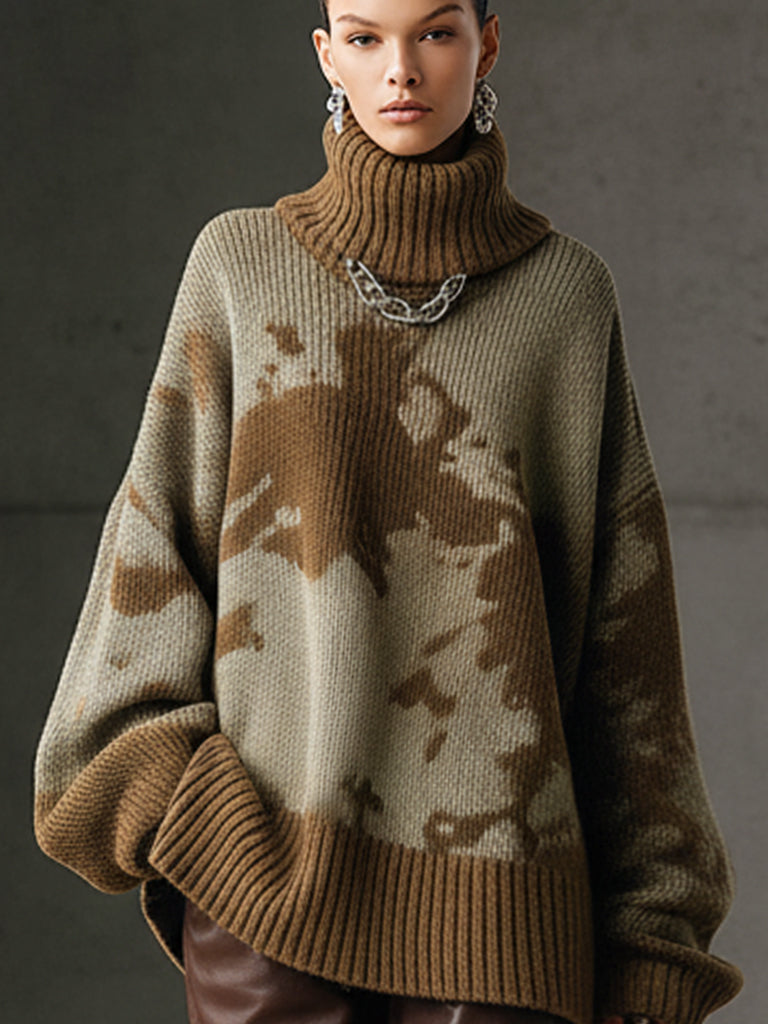 Green Camouflage Loose Turtleneck Long Sleeve Sweater