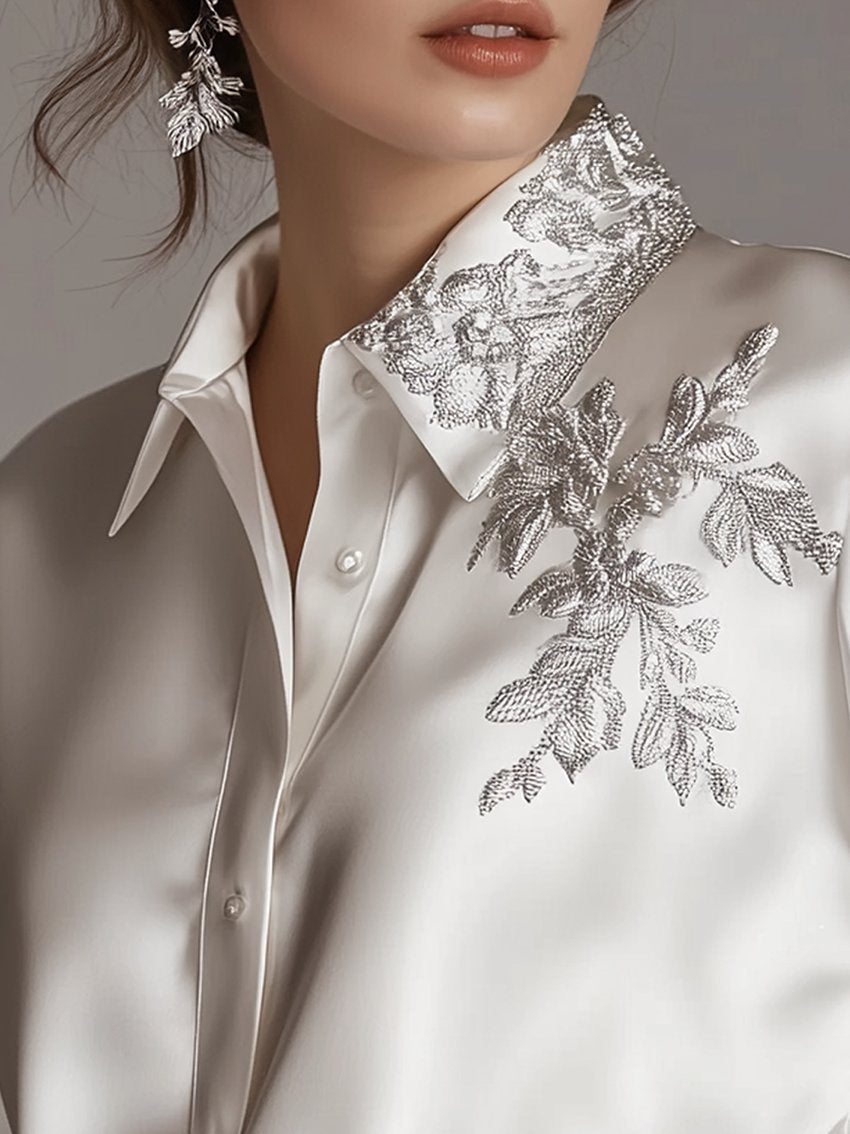 24-Hour-Shipping White Satin Blouse With Silver Plant Embroidery